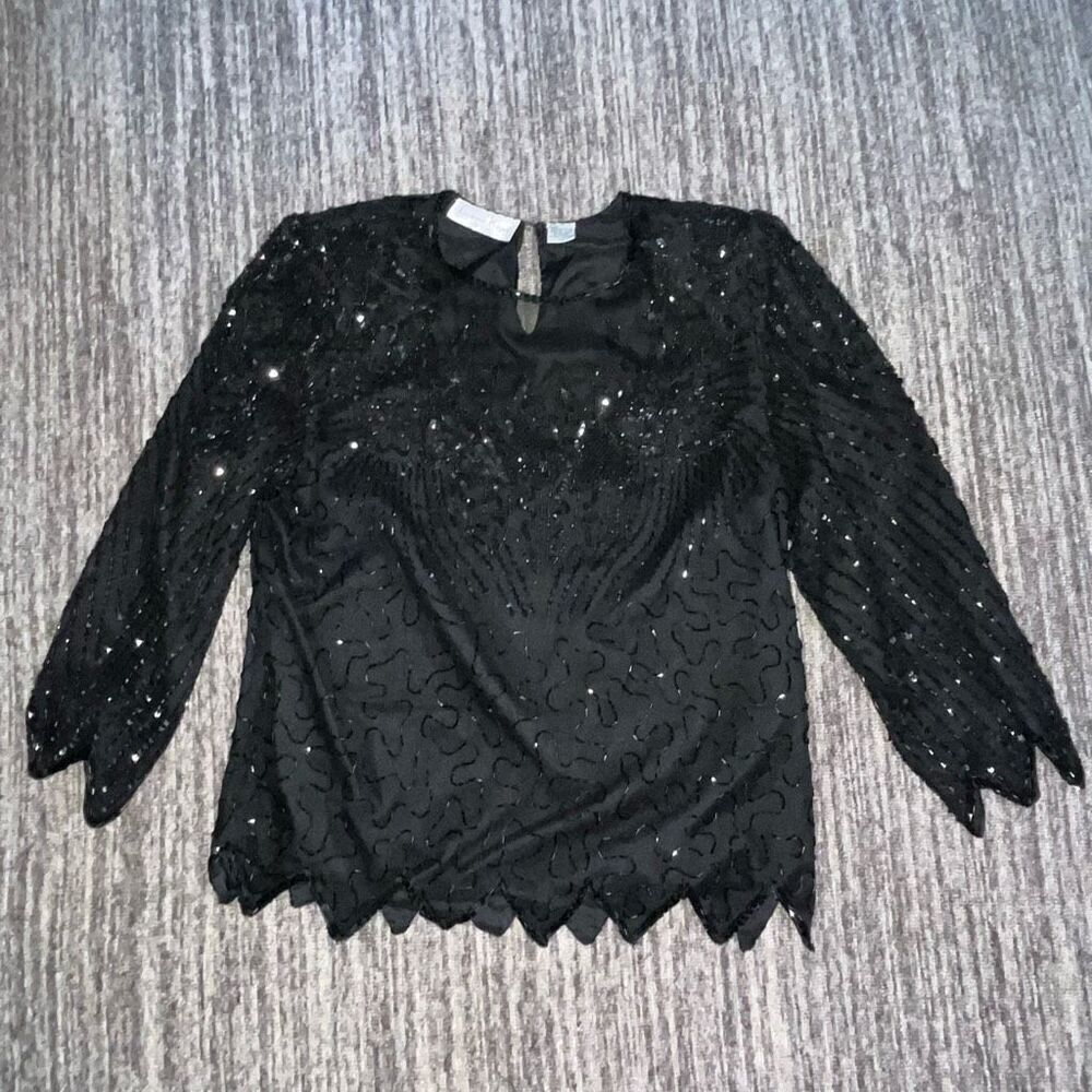 Laurence Kazar Women’s Size Medium Beaded Blouse Jagged Zig Zag Hem 3/4 Sleeve